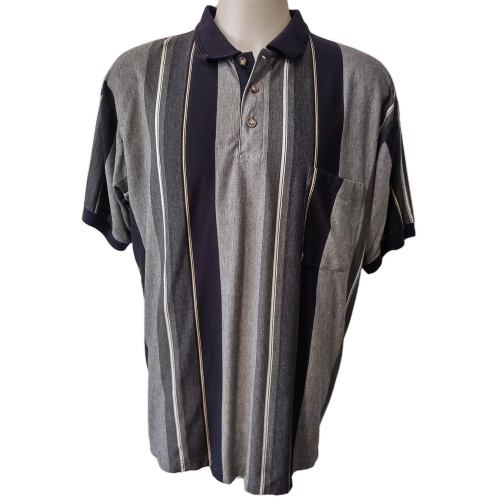 Whitefish Bay Polo Shirt Mens 3X Grey Navy Stripe Excellent Retro Norm Core Logo